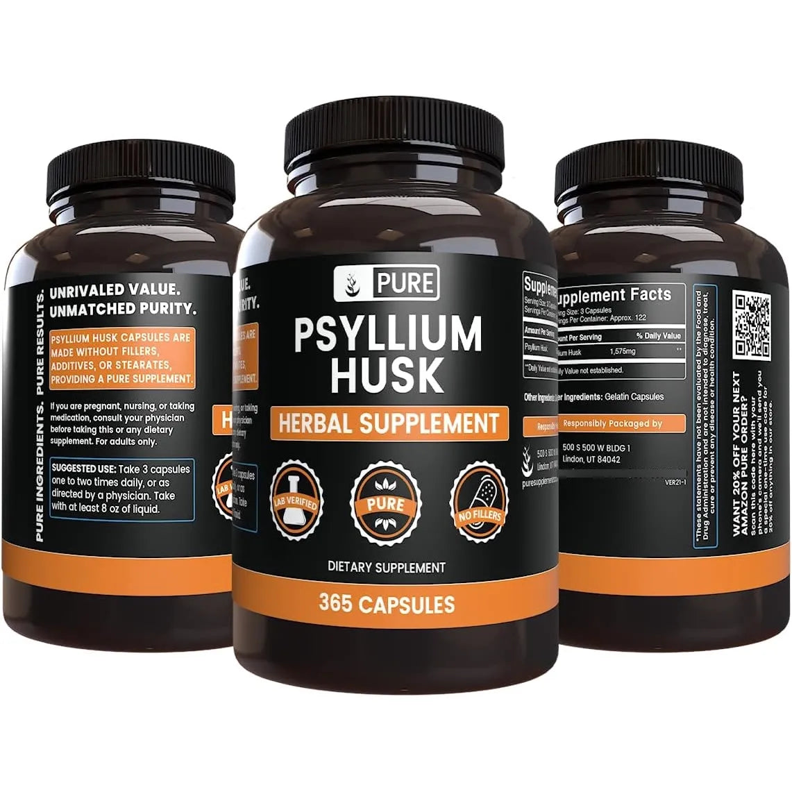 Cápsulas De Cáscara De Psyllium 365 Unidades Puro Sin Rellenos Digestión Saludable