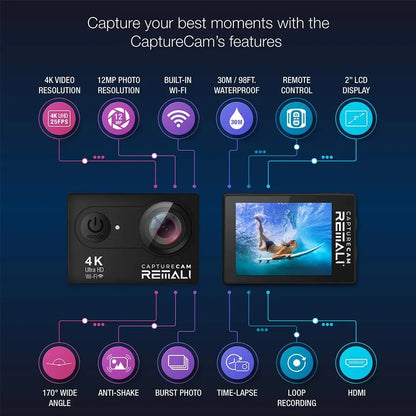 Camara De Accion Remali CaptureCam 4K Ultra HD 12MP Wifi Impermeable Con 21 Accesorios
