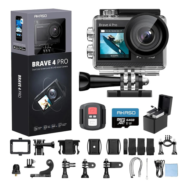 Akaso Brave 4 Pro Cámara Acción 4K30FPS Impermeable 131 Pies Con MicroSD 64GB