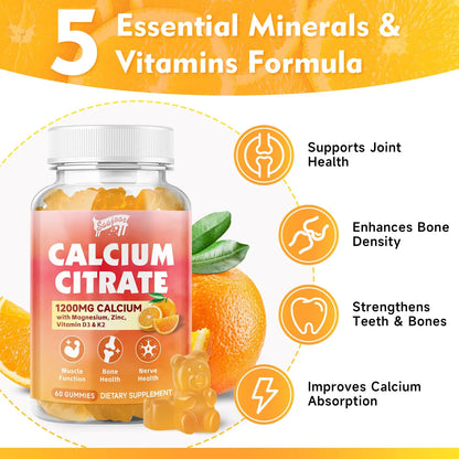 Gomitas De Citrato De Calcio 1200 Mg Con Vitamina D3 K2 Magnesio Zinc Soporte Oseo E Inmunidad