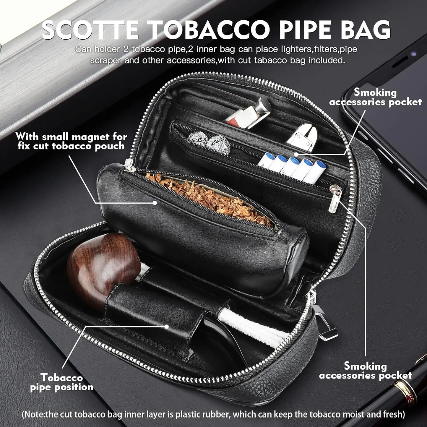 Pipa De Tabaco Madera Pera Con Filtro Y Accesorios Bolsa Cuero Regalo