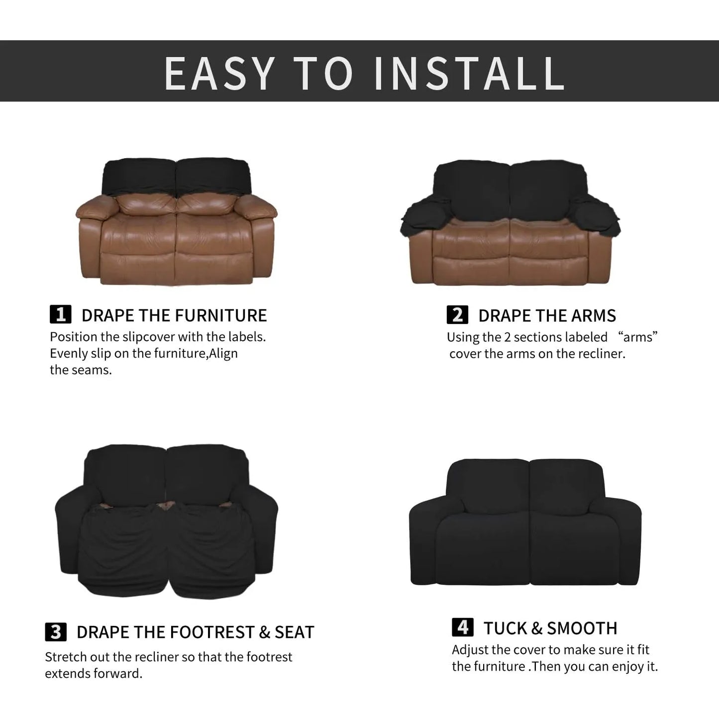 Funda Elastica Microfibra Reclinable 2 Cuerpos 6 Piezas Negra Proteccion Suave Y Lavable