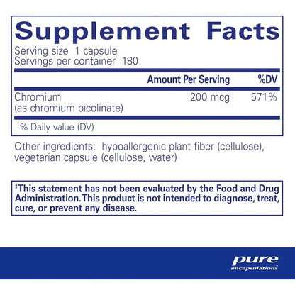 Cromo Picolinato 200 Mcg Suplemento Hipoalergenico Metabolismo Saludable 180 Capsulas