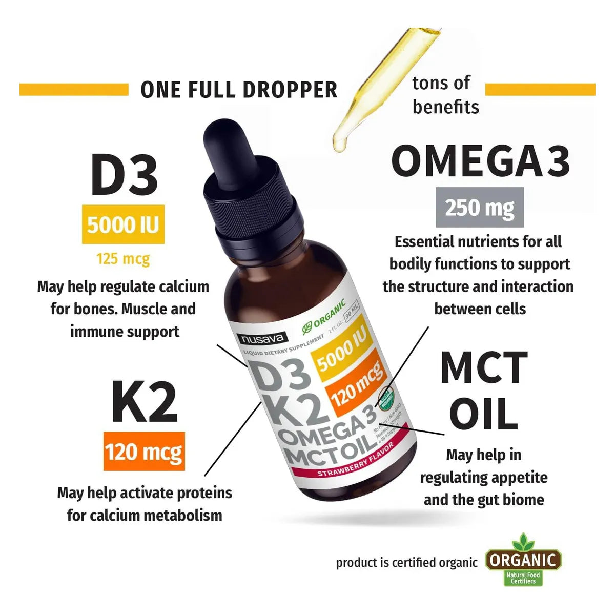 Gotas Orgánicas Vitamina D3 K2 Mct Omega 3 5000 Ui Máxima F Energía Y Salud