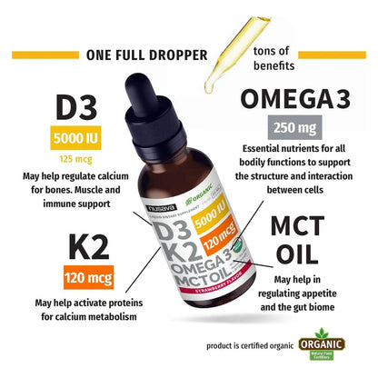 Gotas Orgánicas Vitamina D3 K2 Mct Omega 3 5000 Ui Máxima F Energía Y Salud