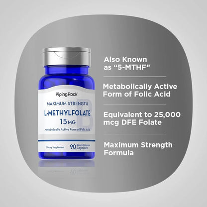 L Metilfolato 15 Mg 90 Capsulas Suplemento Activo De Acido Folico Sin Omg Sin Gluten