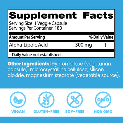 Doctors Best Alpha Lipoic Acid 300 Mg Antioxidante Balance Glucémico 180 Cápsulas Veganas