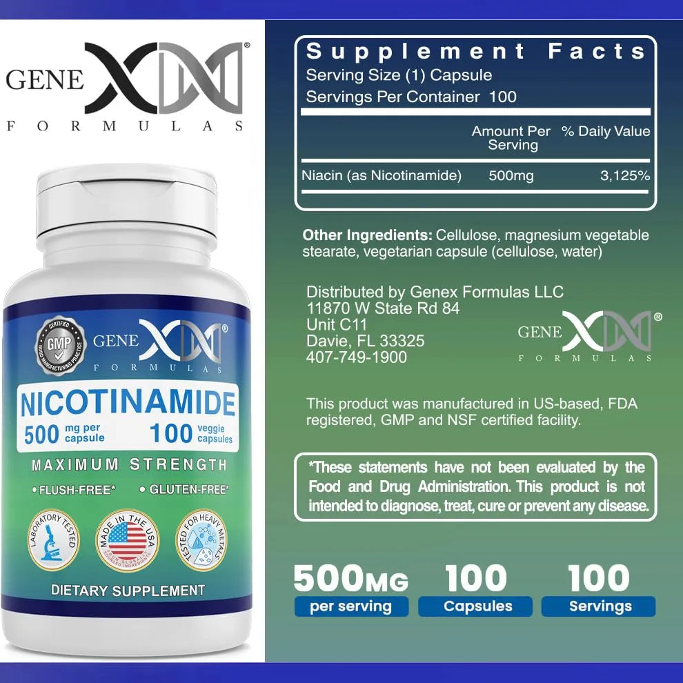 Nicotinamida 500 Mg 100 Cápsulas Vitamina B3 Piel Saludable Genex