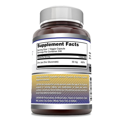 Gluconato De Zinc 50 Mg 240 Capsulas Vegetales Sin Gluten Y Sin Omg