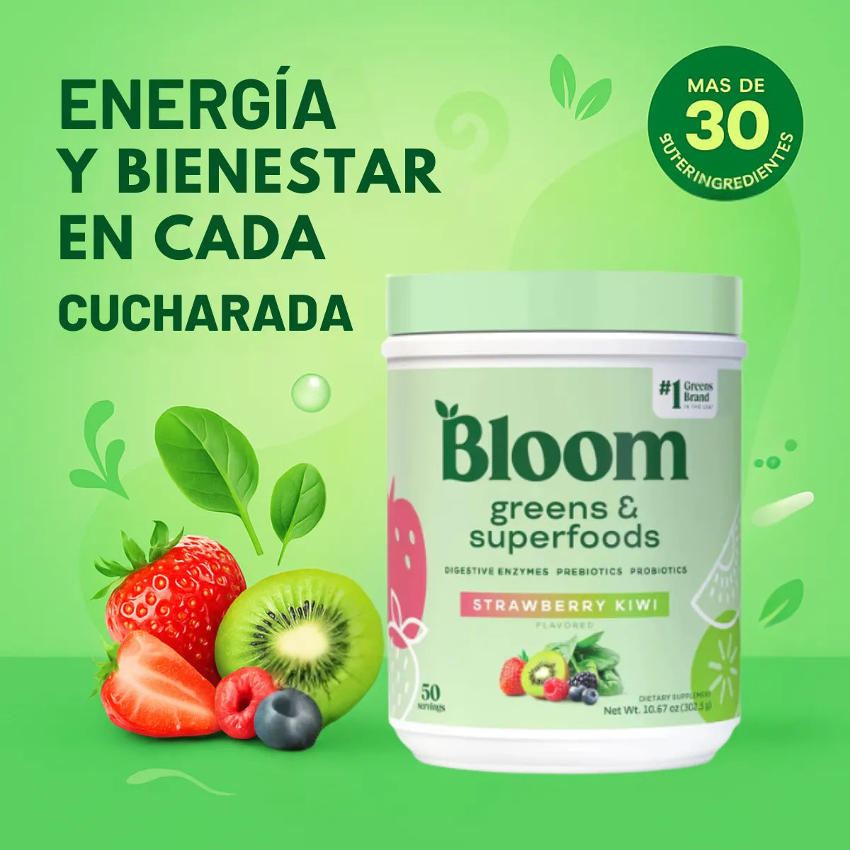 Polvo De Greens Y Superfoods Bloom Bienestar Diario 50 Porciones Sin Sabor - Imagen 2