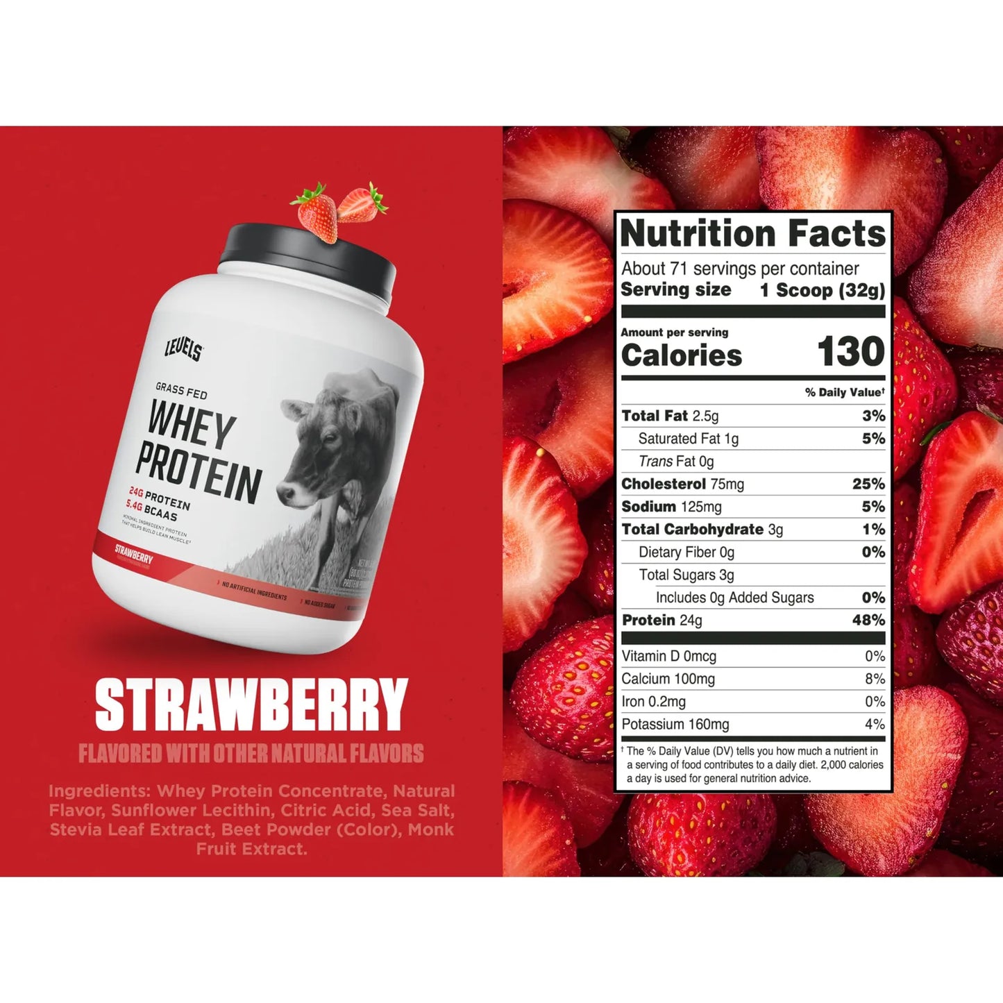 Proteína De Suero Levels Sabor Fresa 5 Lb Ganado Alimentado Con Pasto Sin Artificiales