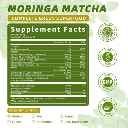 Moringa En Polvo Con Matcha Té Verde Y Resveratrol Superalimento 4 En 1 Para Energía Y Antioxidantes