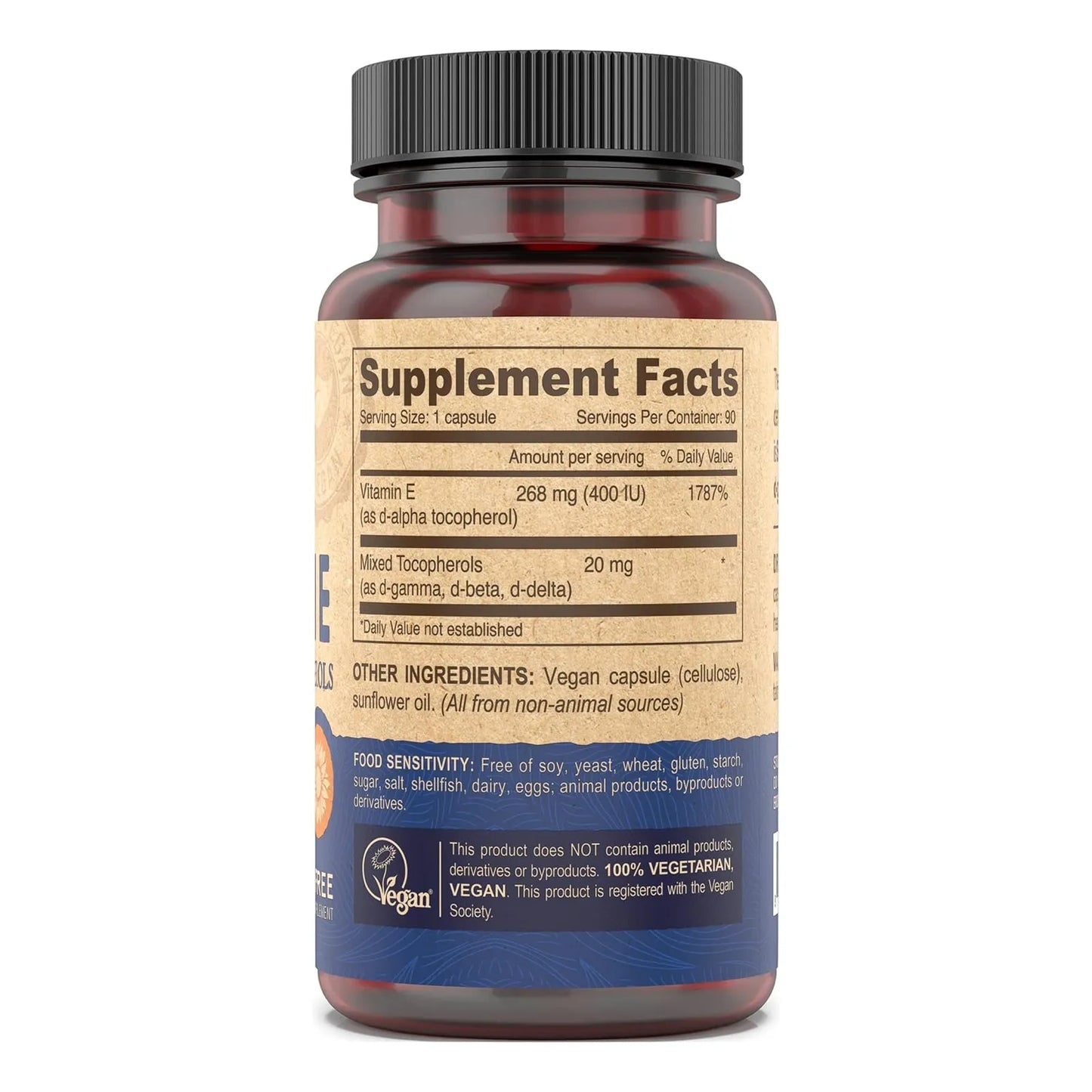 Vitamina E Natural 400 IU Tocoferoles Mixtos 90 Capsulas Veganas Antioxidante Poderoso