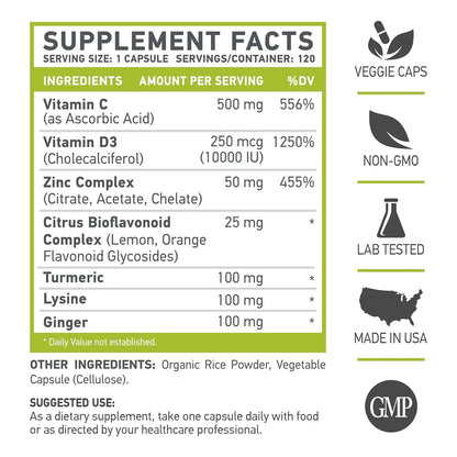 Vitamina C 500mg Con D3 Zinc Curcuma Jengibre Lisina Capsulas Vegetales 120 Unidades