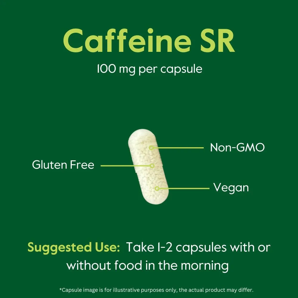 Cafeína 100 Mg SR 120 Cápsulas Vegetarianas Liberación Sostenida Vegana Sin OMG