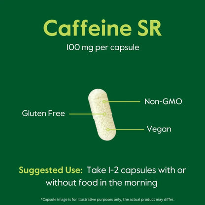 Cafeína 100 Mg SR 120 Cápsulas Vegetarianas Liberación Sostenida Vegana Sin OMG