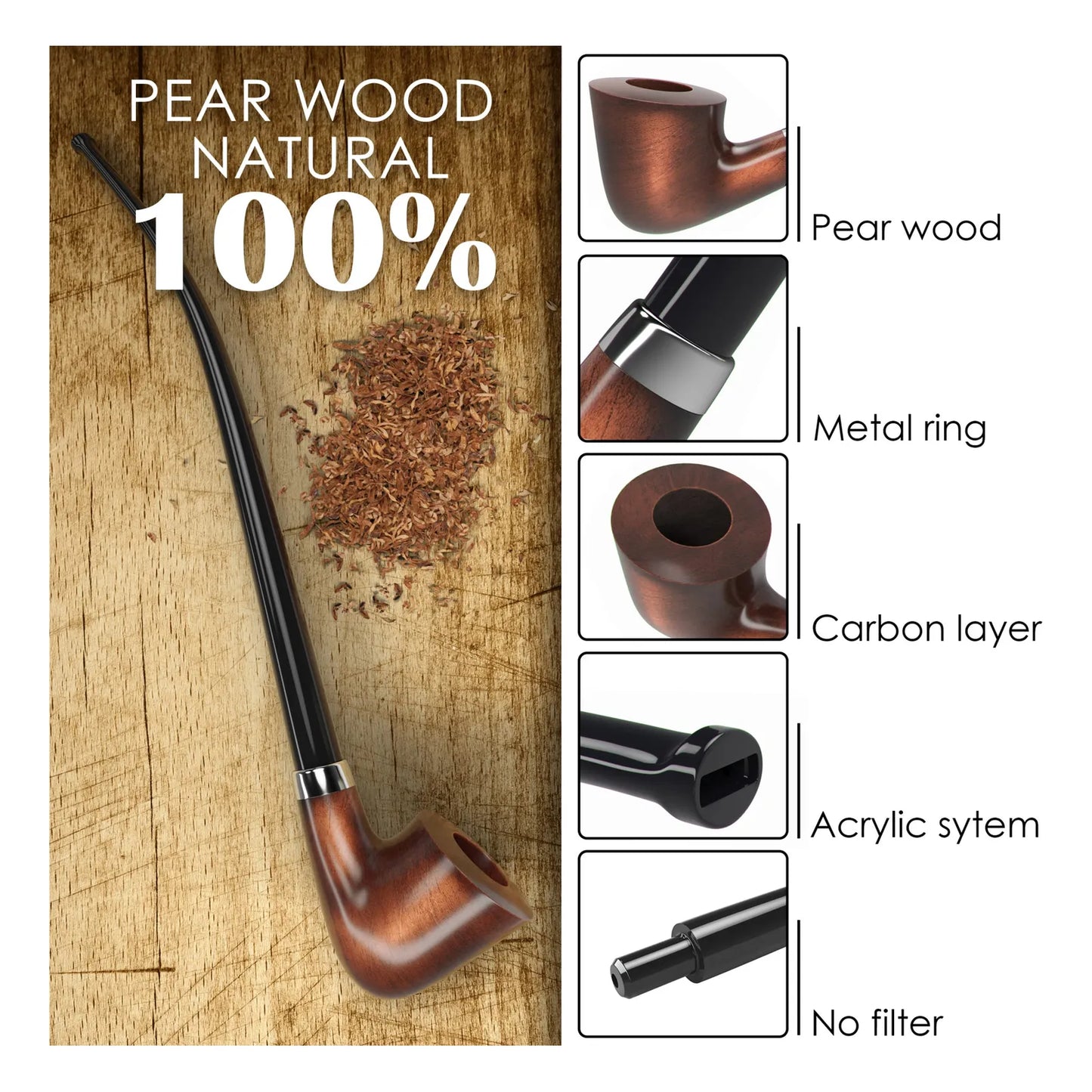 Pipa De Tabaco Churchwarden KAF218 Madera De Pera Hecha A Mano Con Caja De Regalo