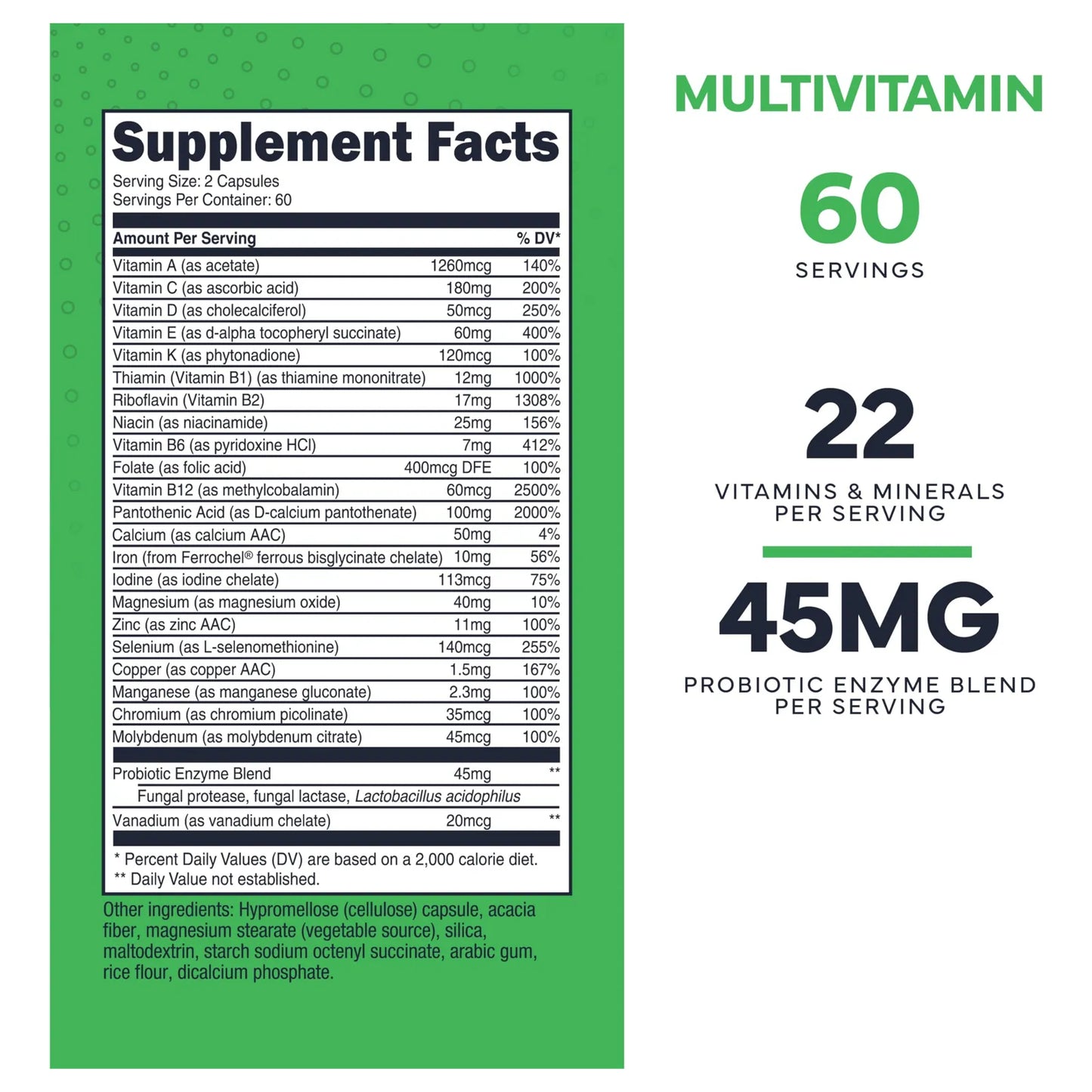 Cápsulas Multivitamínicas 1300 Mg Con Probióticos Y 22 Vitaminas