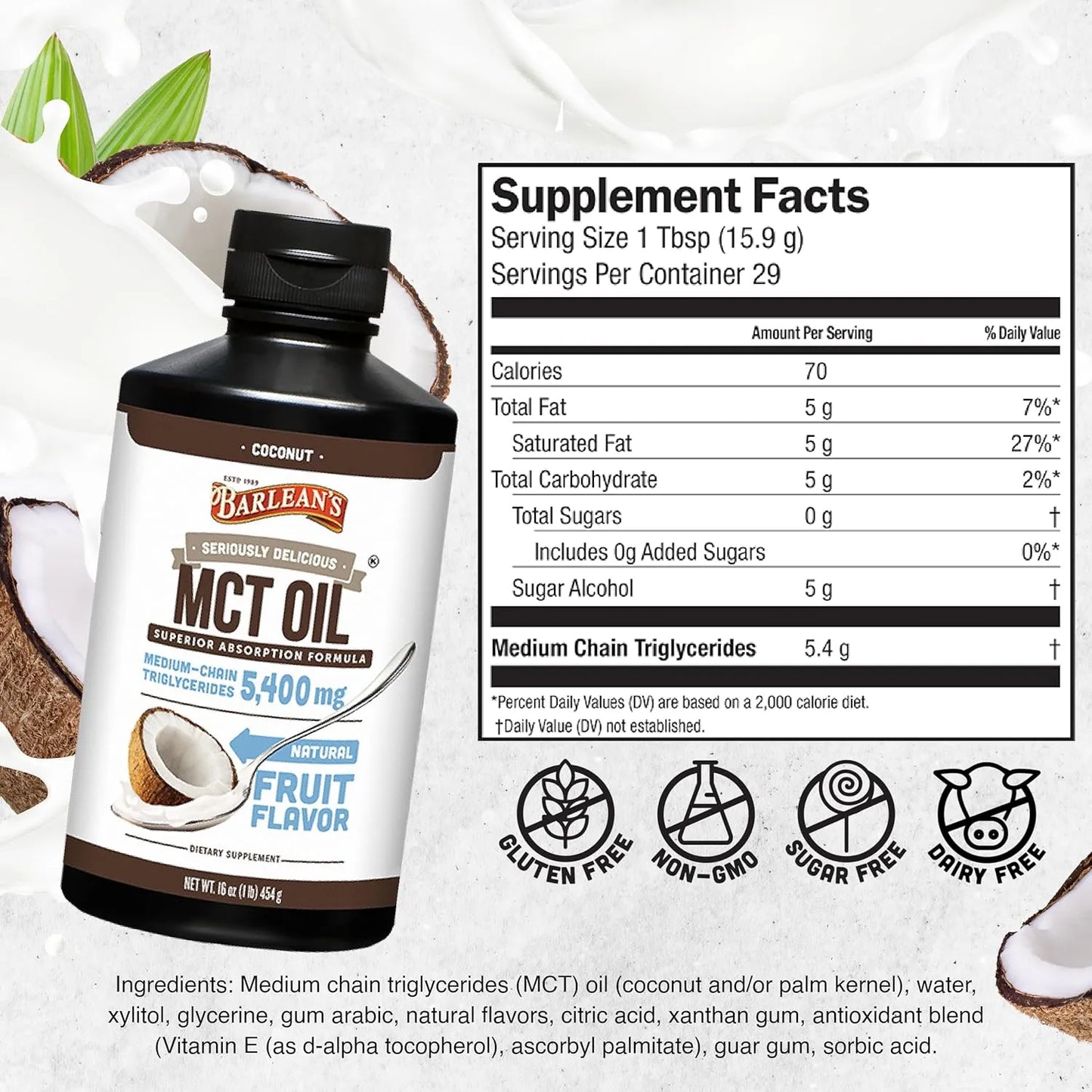 Aceite De Coco Orgánico Barlean S 5400 Mg MCT 473 Ml Energía Limpia Y Cetosis