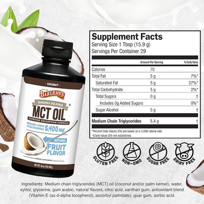 Aceite De Coco Orgánico Barlean S 5400 Mg MCT 473 Ml Energía Limpia Y Cetosis