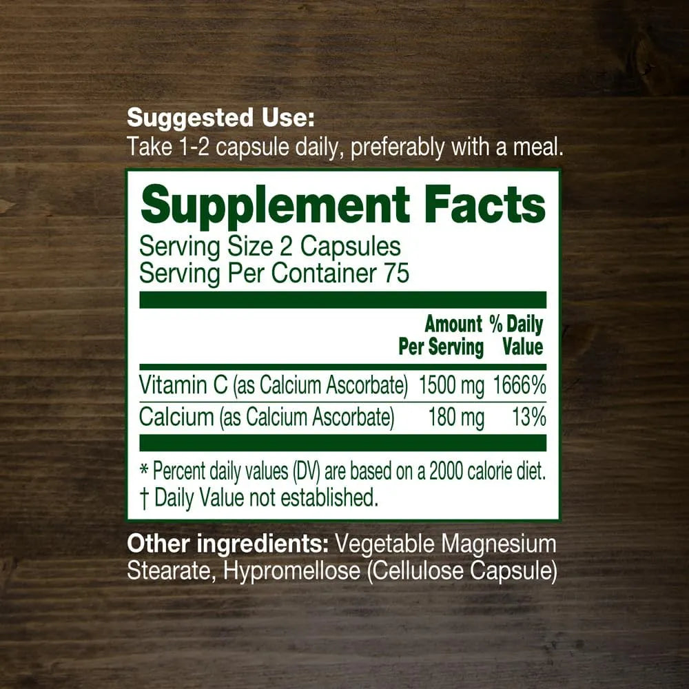 Vitamina C No Ácida 1500 Mg Ascorbato De Calcio 150 Cápsulas Suave Con El Estómago