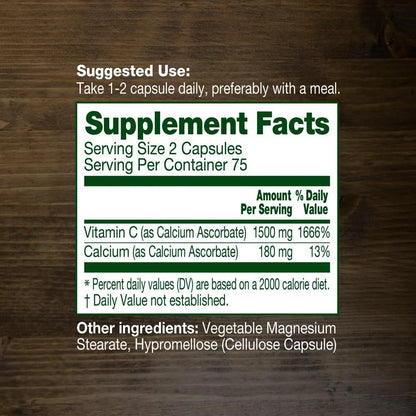 Vitamina C No Ácida 1500 Mg Ascorbato De Calcio 150 Cápsulas Suave Con El Estómago