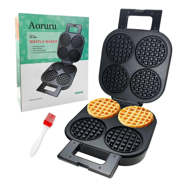 Aoruru Waffle Maker Plancha Para Gofres Belga Antiadherente 4 Mini Waffles Negro