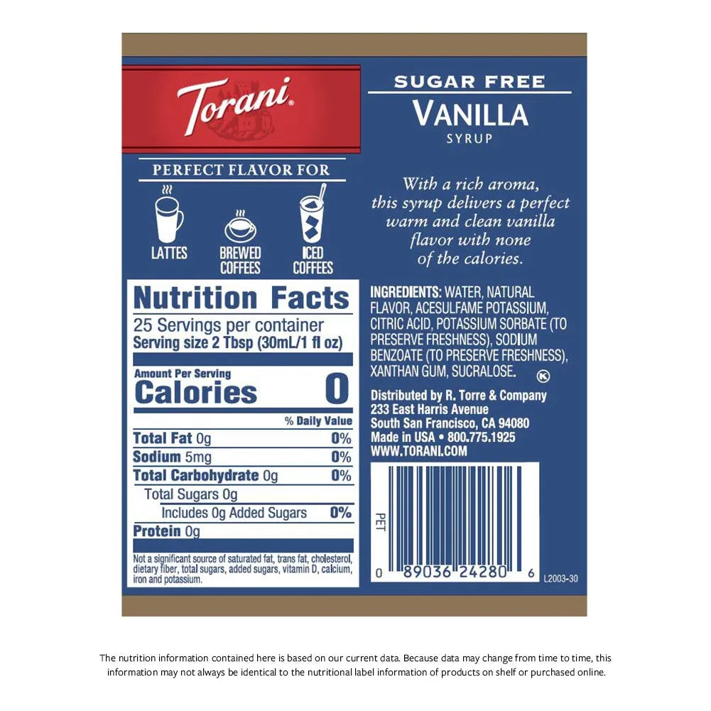 Jarabe Torani Sin Azucar Sabor Vainilla 740 Ml Paquete De 4 Unidades