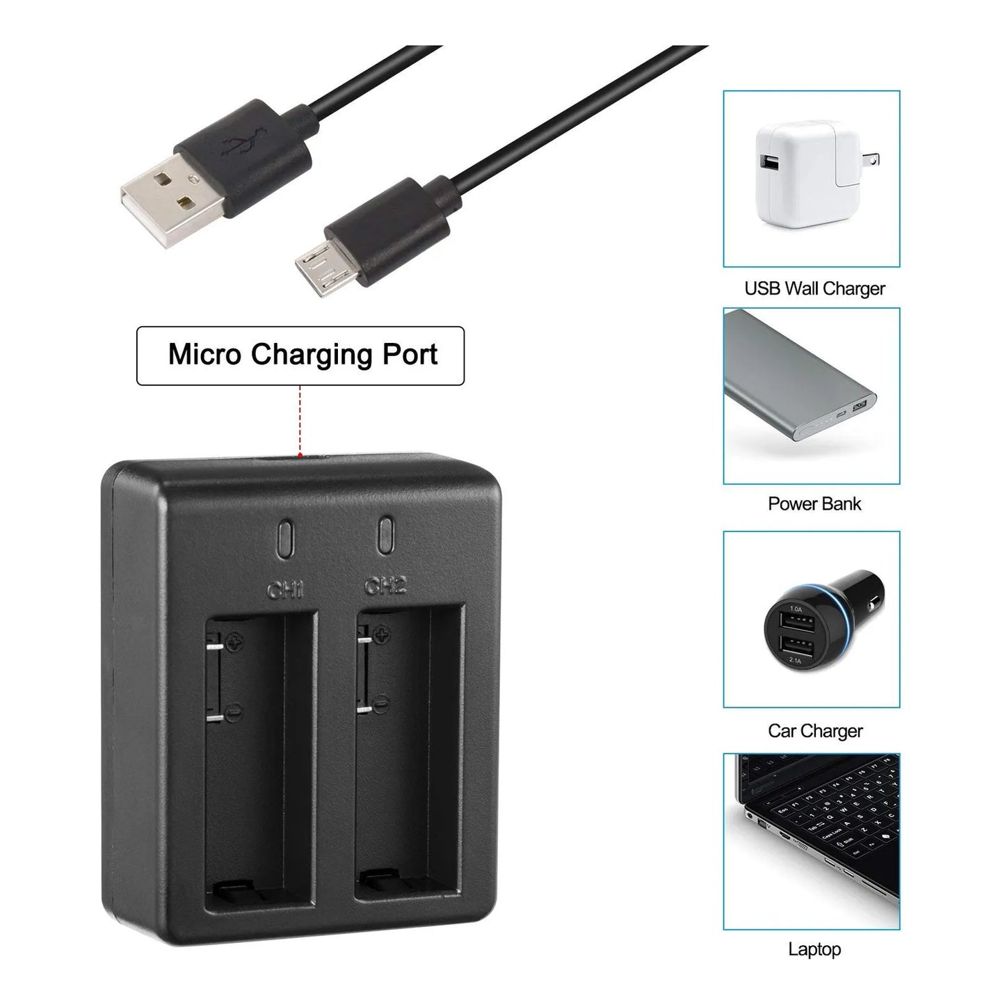 Batería Recargable 1050mAh Para Cámara De Acción Paquete De 3 Con Cargador Dual