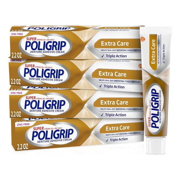Super Poligrip Extra Care Crema Adhesiva Sin Zinc Paquete De 4 Tubos Sujeción Duradera