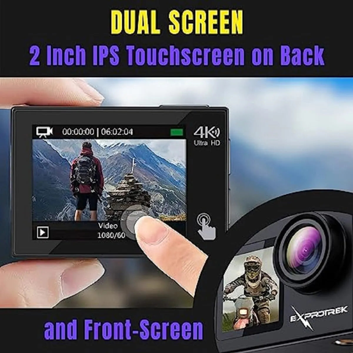 Cámara De Acción Exprotrek 4K Pantalla Táctil Impermeable 131 Pies WiFi