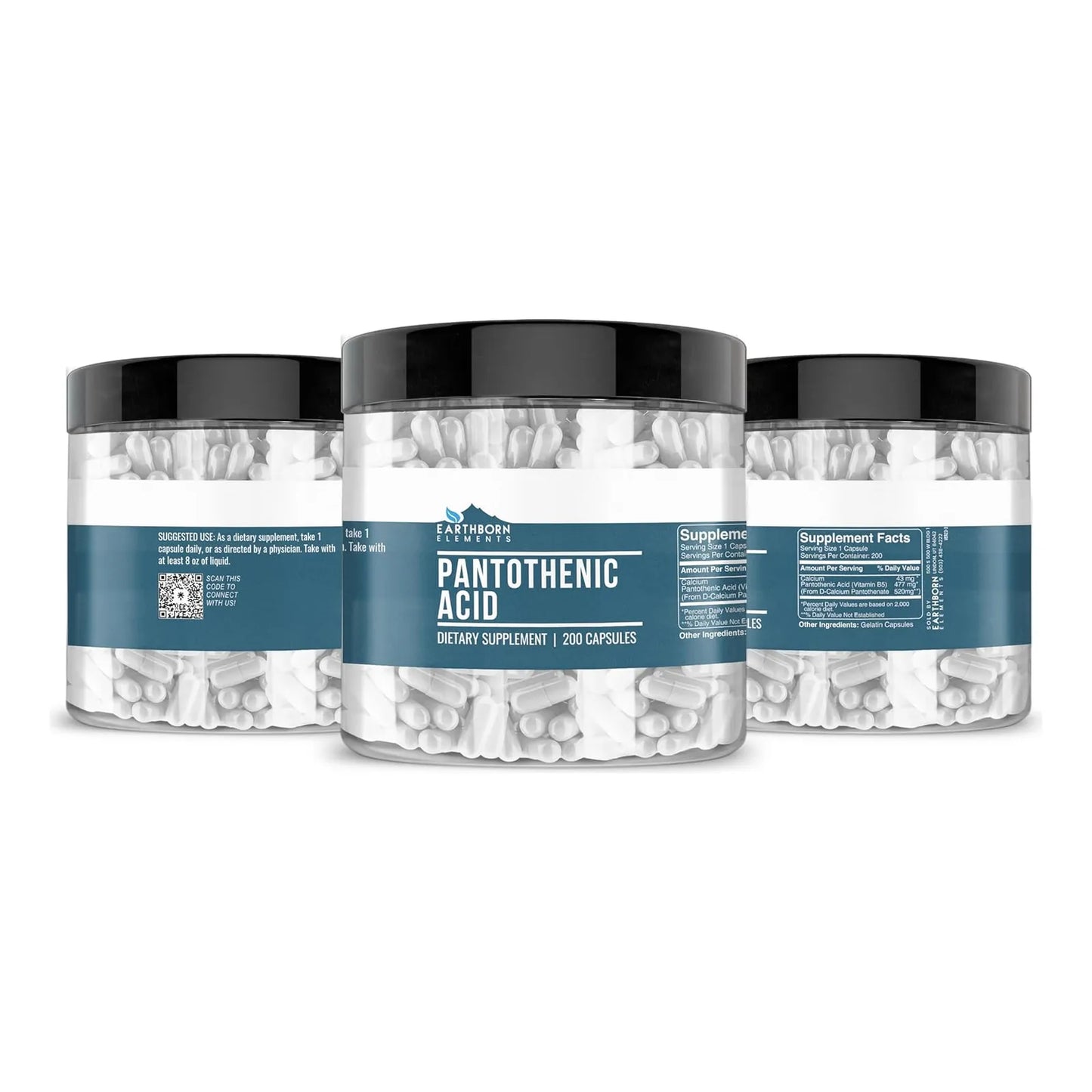 Earthborn Elements Acido Pantotenico 200 Capsulas Vitamina B5 Pura Sin Aditivos