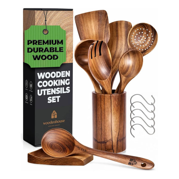 Juego De 8 Utensilios Cocina Madera Con Soporte Cucharas Teca Natural