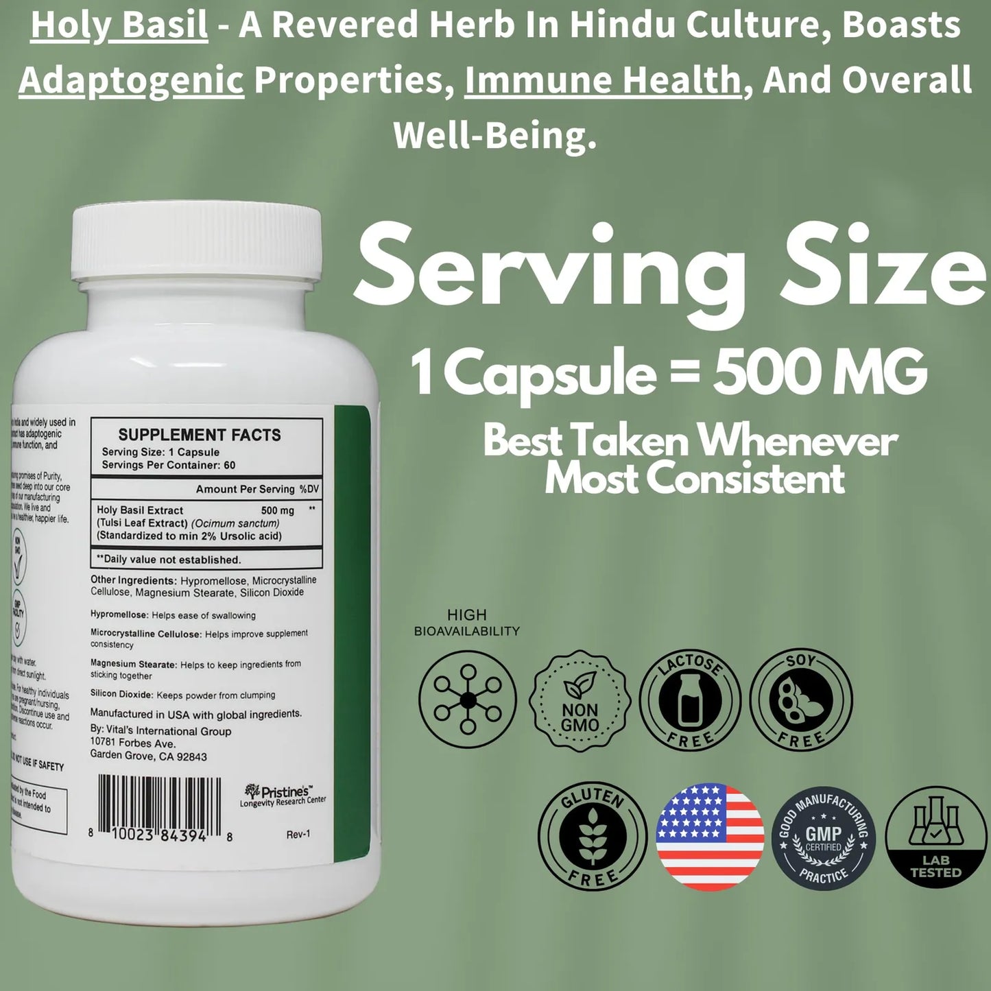 Albahaca Santa Tulsi 500 Mg Suplemento Adaptogeno Relajante Apoyo Inmunologico Vegano Sin OMG