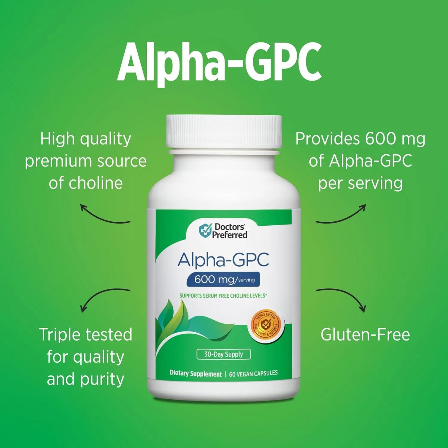 Alpha GPC 600 Mg 60 Capsulas Veganas Suplemento Premium Para Mente Y Cuerpo