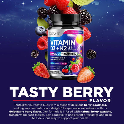 Vitamina D3 K2 Masticable 5000 Ui Y 100 Mcg Mk7 Sabor Bayas 120 Tabletas
