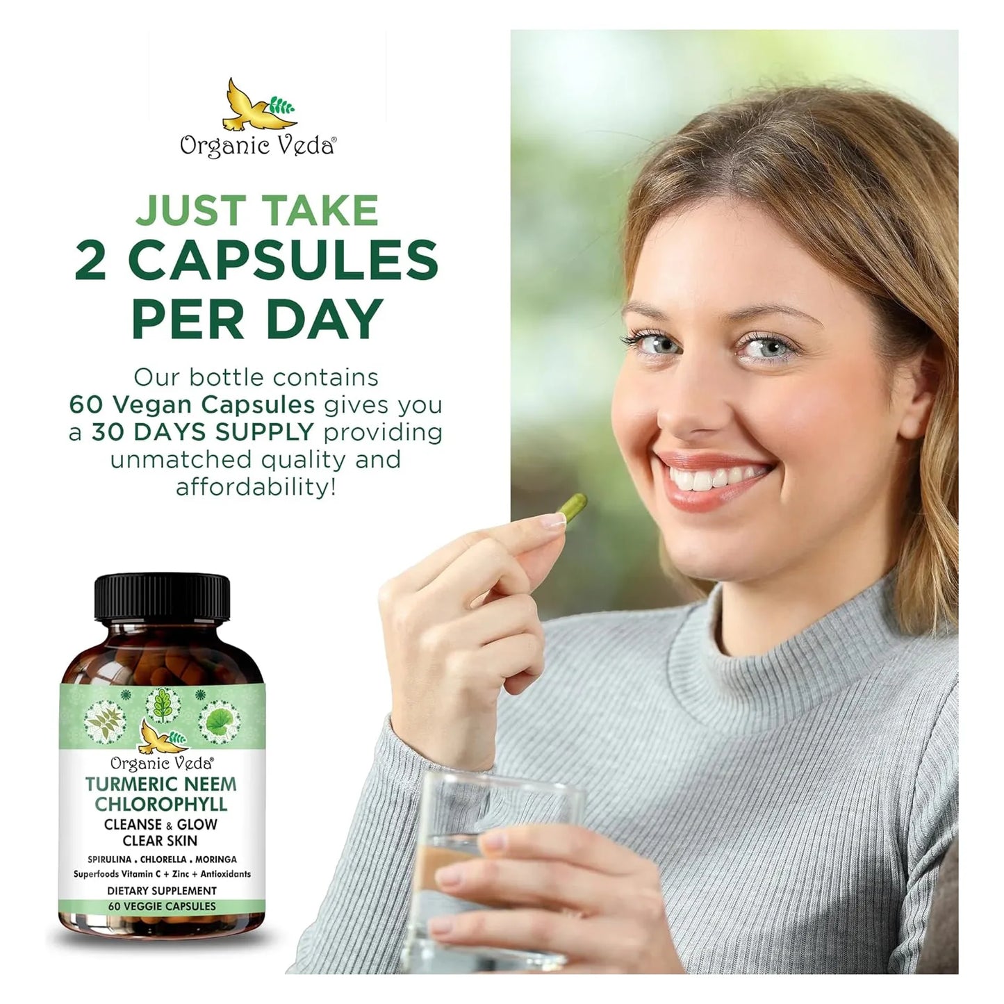 Capsulas Organic De Neem Y Curcuma Con Vitaminas Y Verdura Piel Clara Y Salud Intestinal