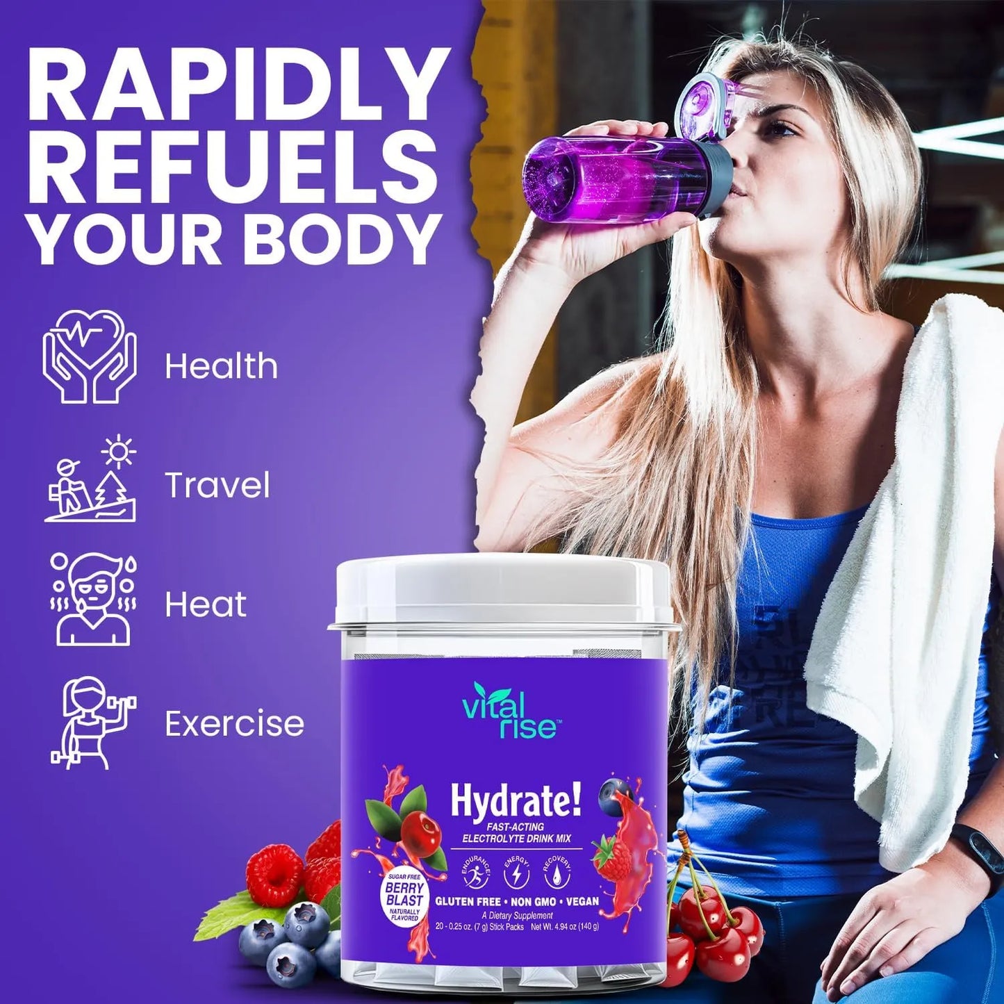 Vital Rise Hydrate Berry Blast Polvo Electrolitos Bajo Sodio 20 Sobres