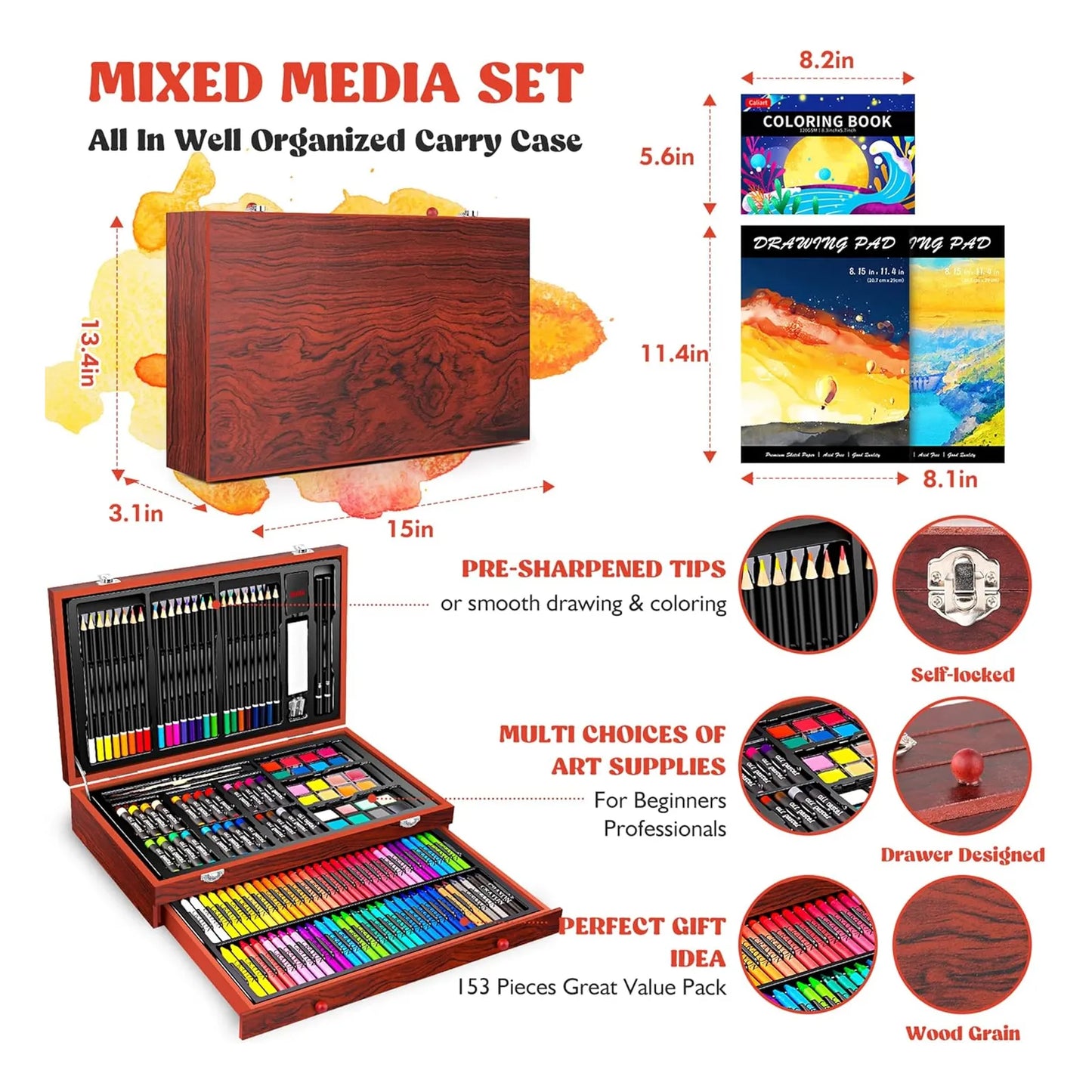 Kit De Arte De Lujo 153 Piezas Manualidades Dibujo Pintura Caja Madera