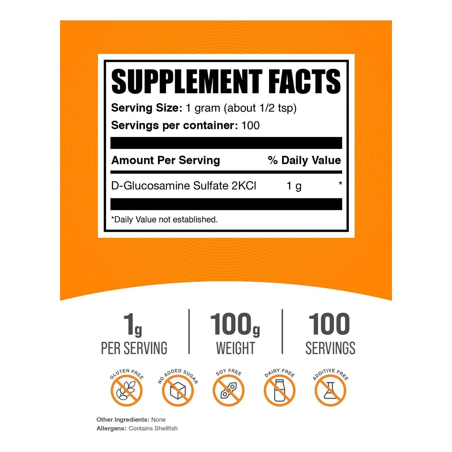 Polvo De Sulfato De Glucosamina 1000 Mg Apoyo Articular Sin Gluten 100 G