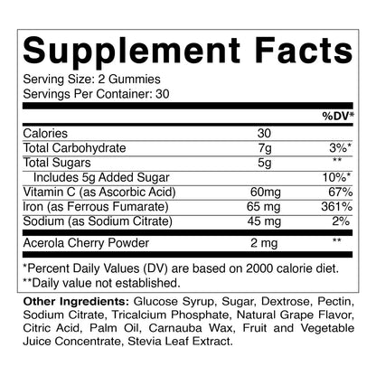 Gomitas De Hierro Sabor Frambuesa 65 Mg Suplemento Vegano Con Vitamina C