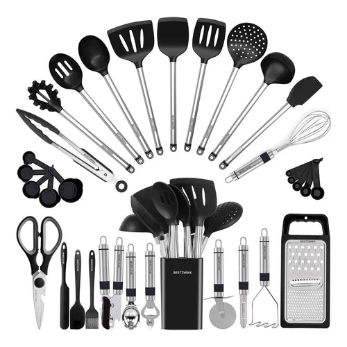 Juego De 33 Utensilios Cocina Silicona Acero Inoxidable Antiadherente