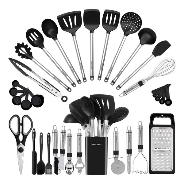 Juego De 33 Utensilios Cocina Silicona Acero Inoxidable Antiadherente