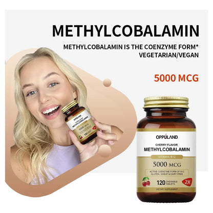 Vitamina B12 Metilcobalamina 5000 Mcg Con Ácido Fólico 120 Tabletas Masticables Sabor Cereza