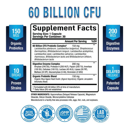 Probióticos Premium 60 Mil Millones CFU Con Prebióticos Orgánicos Y Enzimas Digestivas Para Salud Intestinal