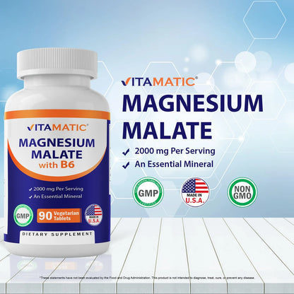 Malato De Magnesio 2000 Mg 90 Tabletas Con B6 Maxima Absorcion Salud Muscular Y Cardíaca