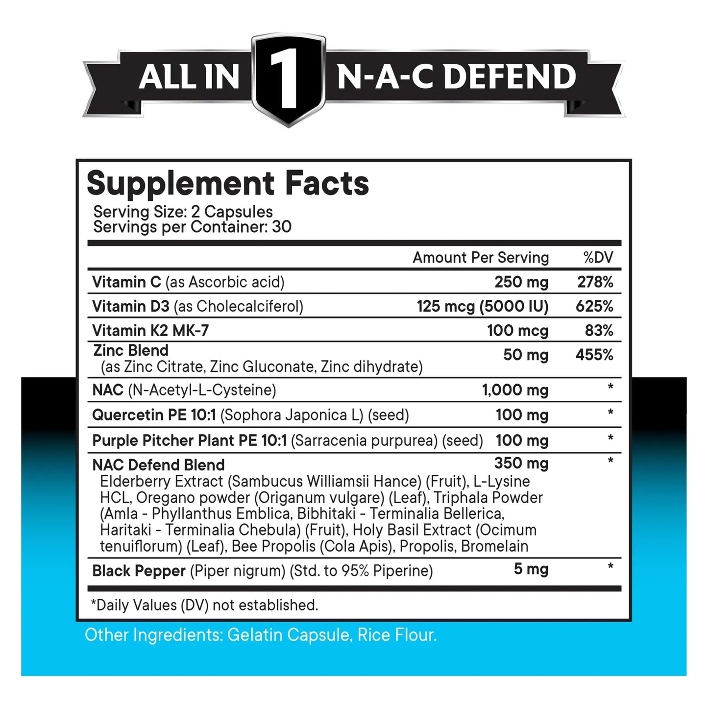 Suplemento NAC Con Vitamina D3 K2 Zinc Quercetina Triphala 120 Cápsulas