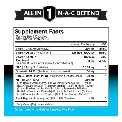 Suplemento NAC Con Vitamina D3 K2 Zinc Quercetina Triphala 120 Cápsulas