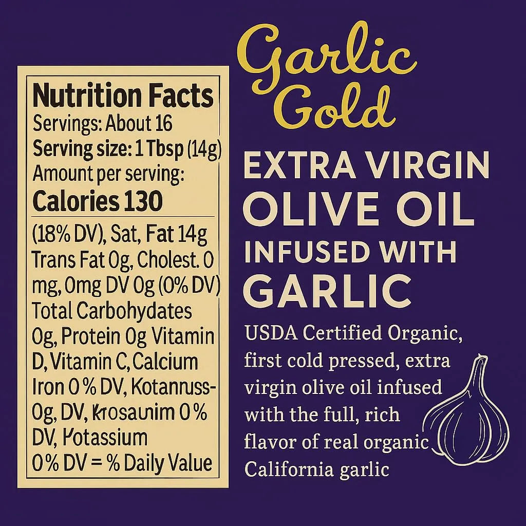 Aceite De Oliva Virgen Extra Orgánico Infundido Con Ajo Bajo FODMAP 8.44 Onzas