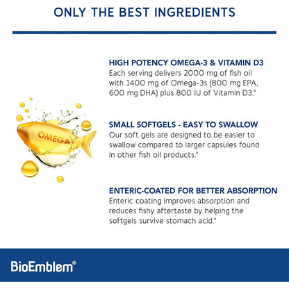 Aceite De Pescado Omega 3 2000 Mg Cápsulas Pequeñas Alta Absorción BioEmblem